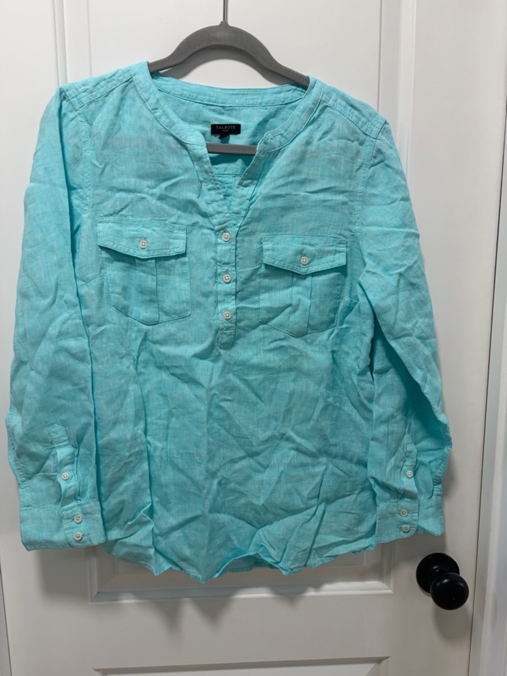 Talbots Linen Camp Shirt size Large Petite Aqua Turquoise Notch Neck Cross Dyed